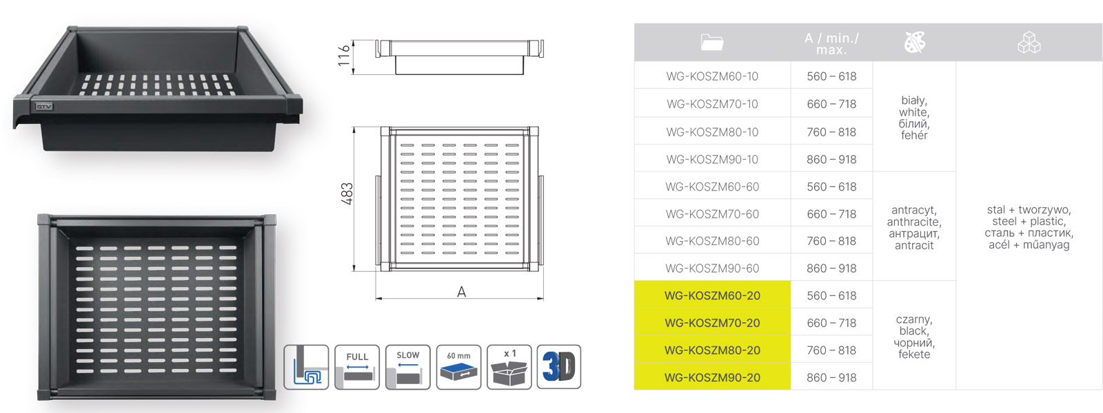 Wyposażenie garderoby GTV Elite szuflada metalowa