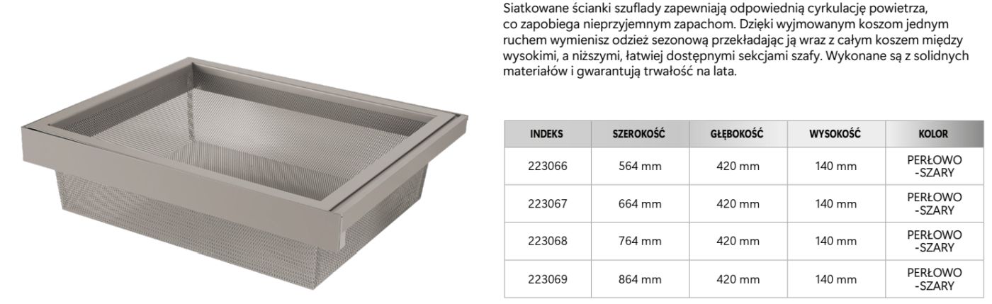 Szuflady na ubrania Royal siatka (600-900 mm)